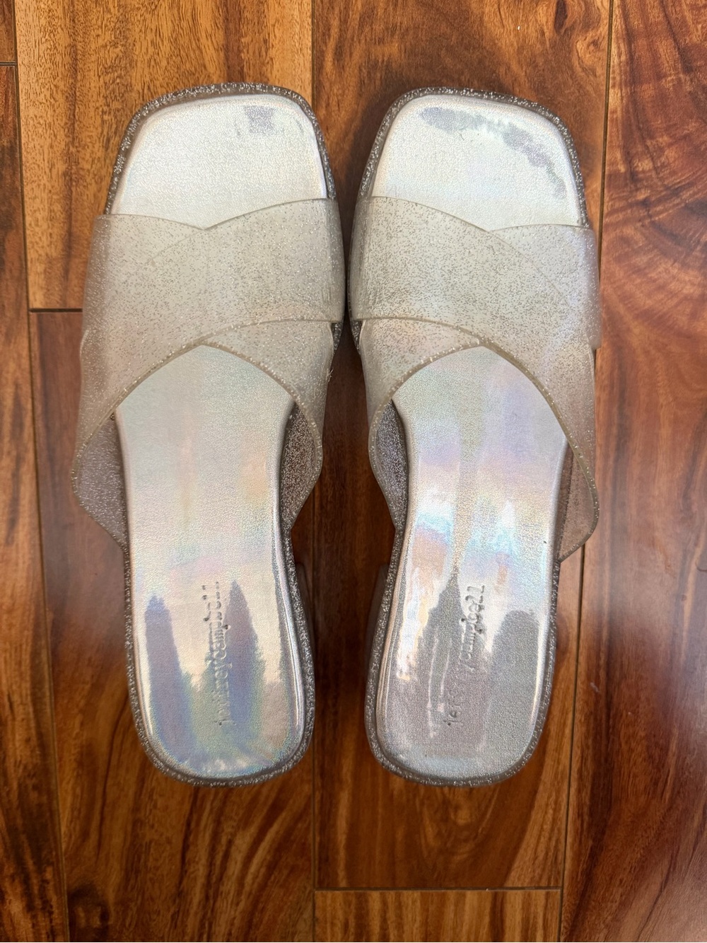 Jeffrey Campbell Glitter Jelly Crossover Block Heel Slides – Clear Silver – Wome
